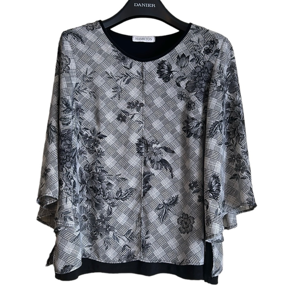 Hamilton women’s blouse top size large floral black grey white